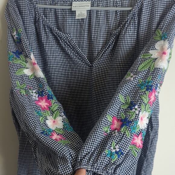 Colorful Embroidered Lightweight Black and White Checkered Top Women's Size L - Picture 2 of 9